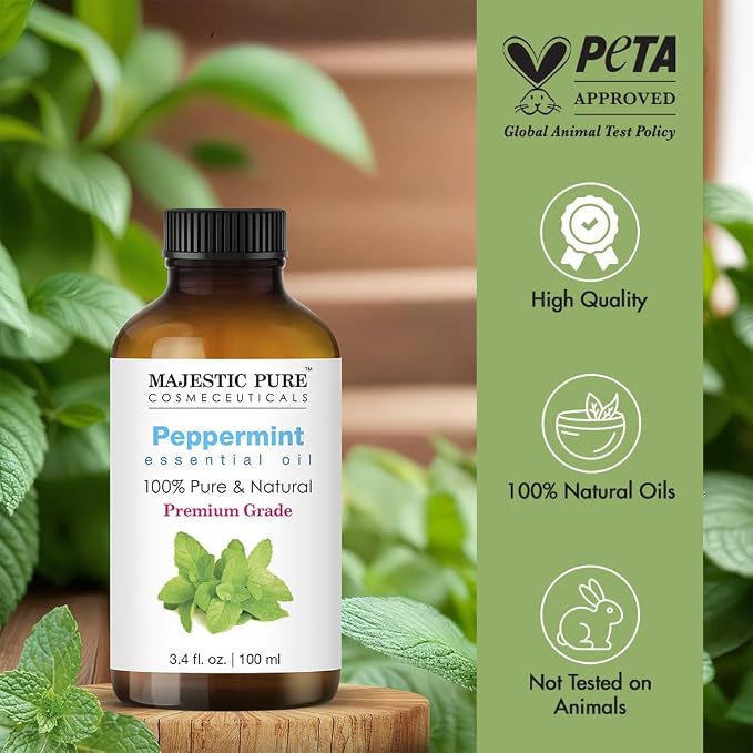 Majestic Pure Peppermint Essential Oil for Diffuser - 3.4 Fl Oz | 100% Pure & Natural Essentials Oils for aromatherapy, massage blends and DIY home fragrance projects, Massage and room sprays