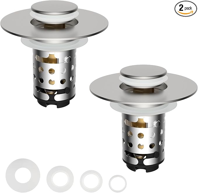 2PCS Universal Bathroom Sink Drain Strainer Hair Catcher, Brushed Nickel | Upgraded with 2-Layer Detachable Filter Basket, 4 in 1 Pop Up Drain Strainer, Anti-Clog, Fit for 1.1''~2.36'' Sinks