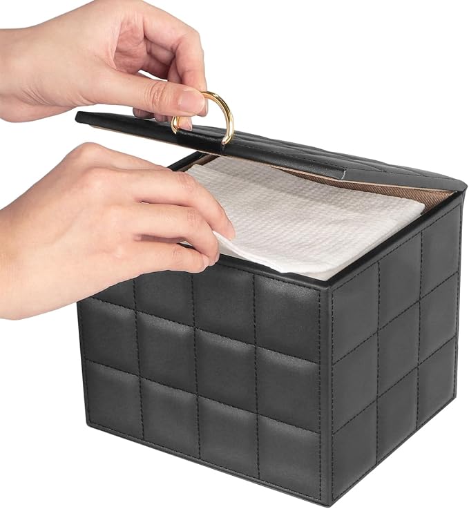 Disposable Face Towel Holder Box XL for Clean Skin Club Organizers | Black PU Leather Face Towels Container, Reusable Organizer for Clean Skin Towel Makeup Wipe Holder Counter Bathroom Storage