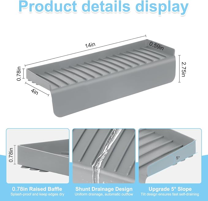 Silicone Faucet Splash Guard 4" x 14", Faucet Water Catcher Mat, Longer Silicone Sink Mat for Kitchen, Bathroom, Laundry Room, Farmhouse for Quartz Kitchen Sink（Gray）
