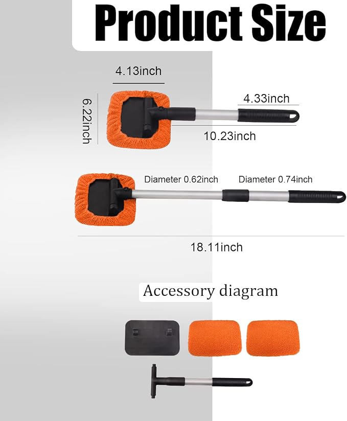 Car Glass Cleaner Wiper,Windshield Cleaning Tool, Microfiber Window Cleaner with Extendable Handle,Auto Glass Wiper Kit(Orange Square)