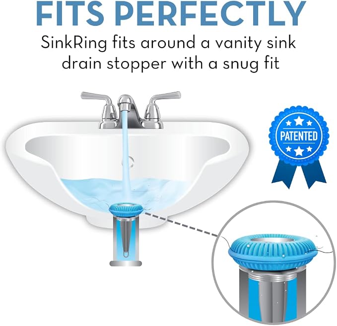 SinkRing Bathroom Sink Drain Protector & Strainer for Pop-Up Stoppers, Aqua | Easy snap-in design. Precision clog-free trap prevents loss of earrings, jewelry or contacts. Fits 1.37" - 1.57" stoppers.