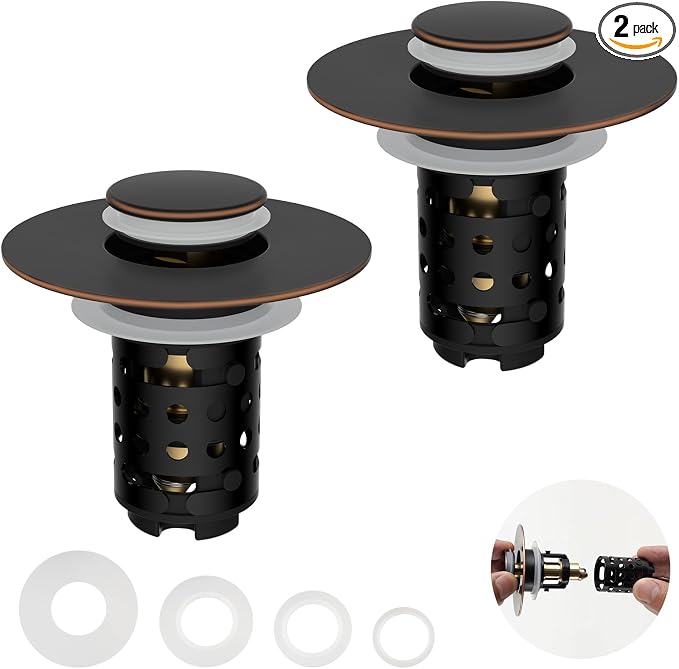 2PCS Universal Bathroom Sink Drain Strainer Hair Catcher, Oil Rubbed Bronze | Upgraded with 2-Layer Detachable Filter Basket, 4 in 1 Pop Up Drain Strainer, Anti-Clog, Fit for 1.1''~2.36'' Sinks