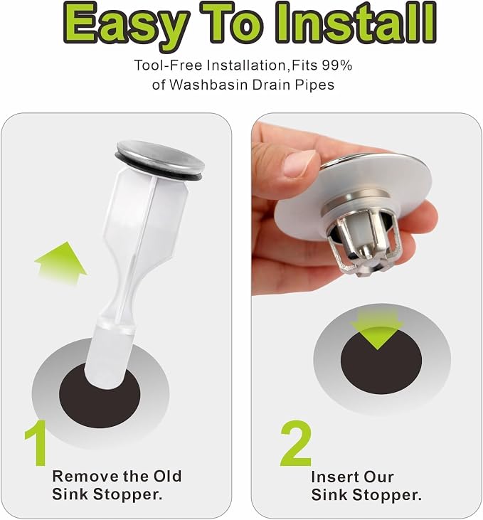 Pop Up Sink Drain Stopper Hair Catcher - Brushed Nickel 1 Pack | Satin nickel strainer replacement, Fits 1-1/8 & 1-1/2 drains, Anti clog hair catcher, Quick pop up seal, Push button gaskets.