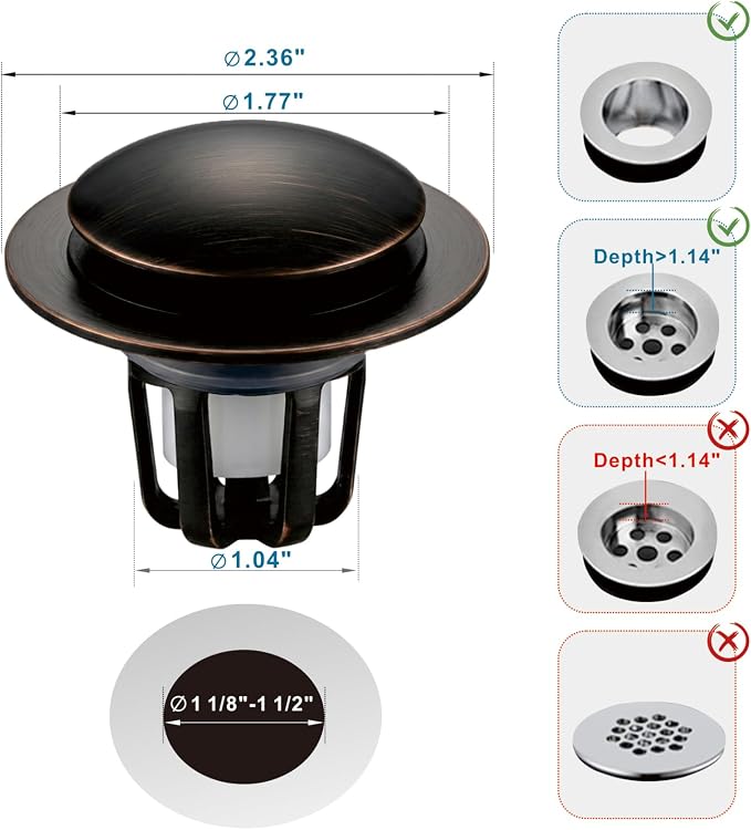 WELSAN Oil Rubbed Bronze Bathroom Sink Drain Stopper 1 1/8"-1 1/2", 2 Pack | Bathroom Sink Stopper Replacement, Universal Pop-Up Drain Stopper Plug Strainer with Hair Catcher, Anti-Clogging Design