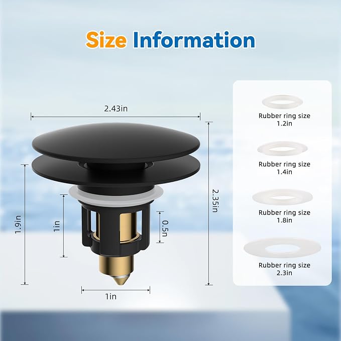 2 Pack Universal Metal Bathroom Sink Stopper, Hair Catcher Strainer, Black | Pop-Up Sink Drain Strainer with Detachable Filter, Drain Plug Fits 1.1"-2.36" US Basin, Large Cover Cap, Brass Bounce Core