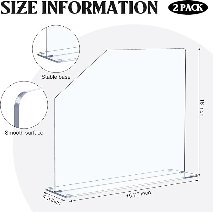 Vesici 2 Pcs Clear Acrylic Sink Splash Guard Freestanding Panel Barrier with Easy Reach Cutaway Kitchen Guard Protective Splatter Barrier for Home Hospital(15.75" Length, 16" Height, 4.5" Base)