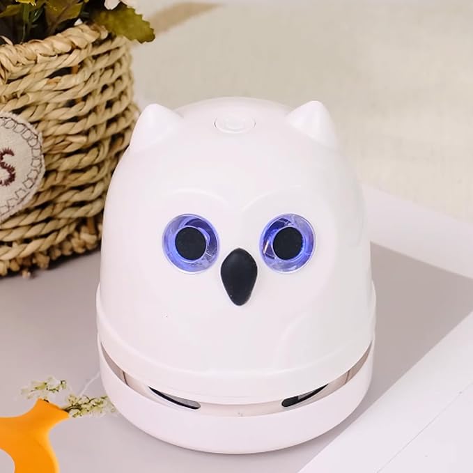 Desktop Mini Crumb Vacuum Cleaner Owl Tabletop Crumb Sweeper Vacuum USB C | Rechargeable Craft Desk Vacuum Cleaner for Glitter Paper Scraps Bread Crumbs Shavings Cookie Crumbs, Low Noise