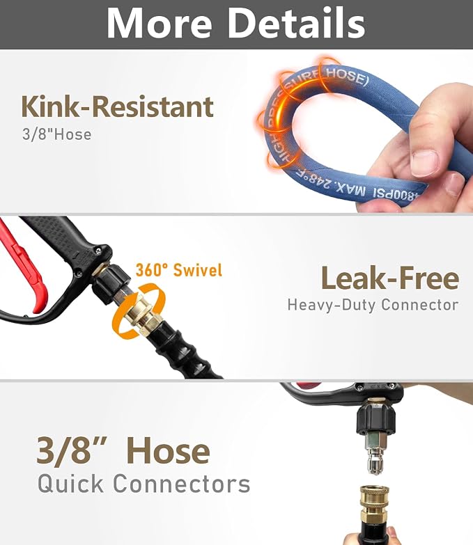 3/8" ID Pressure Washer Hose 75 ft, 4800 PSI Steel-Braided & Durable - Flexible & Kink-Resistant, Power Washer Hose with 3/8" Swivel Quick Connect, Hot/Cold Water Compatible - 75 Foot, Navy