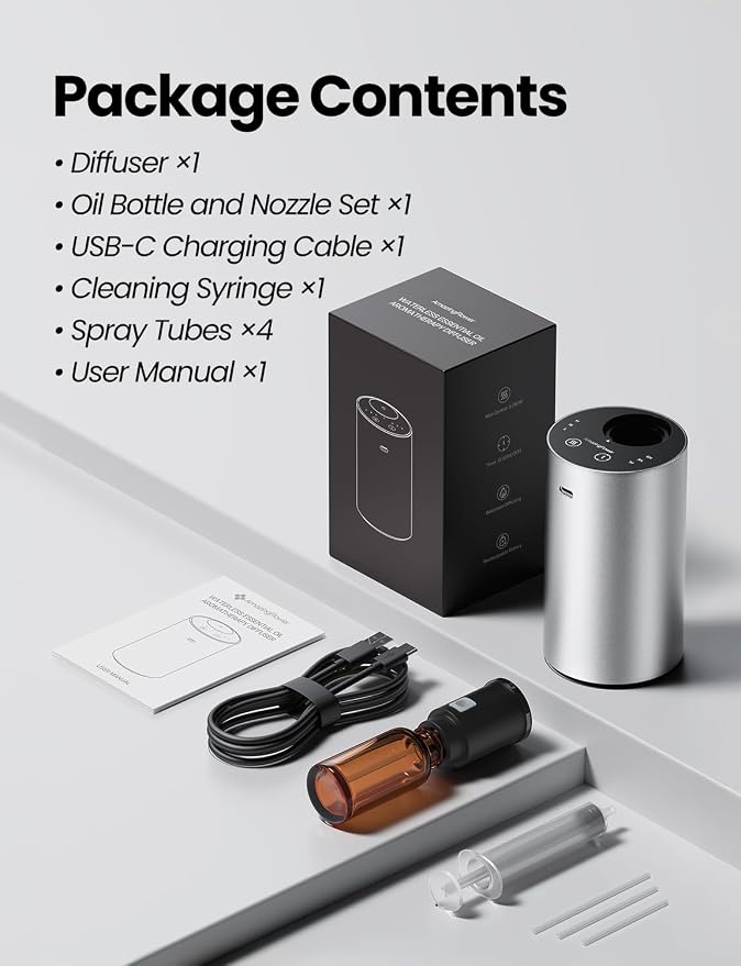 Waterless Essential Oil Diffuser, Rechargeable Car Scent Diffuser, Silver | Premium Aluminum Alloy Housing, Cordless, 3 Mist Levels, Timers, Portable Aromatherapy Diffuser for Home, Car & Office