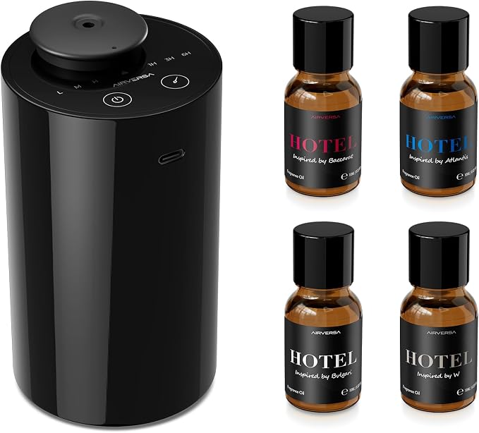 Airversa AN6 Waterless Essential Oil Diffuser Starter Kit, Black | 4 x 10mL Hotel Scent Fragrance Oi, Up to 600 sq ftl, Battery Operated, Portable for Home Car Office, AN6Kit-4x10-01