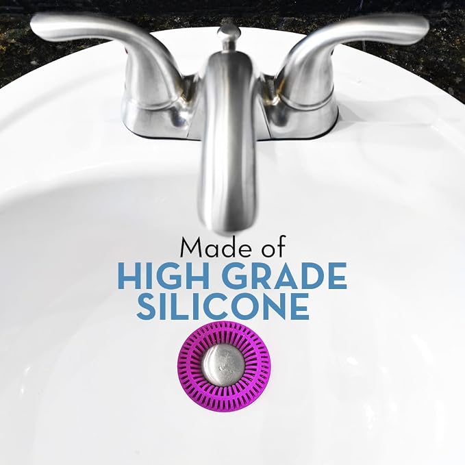 SinkRing Bathroom Sink Drain Protector & Strainer for Sink Stoppers, Purple | Easy snap-in design. Precision clog-free trap prevents loss of earrings, jewelry or contacts. Fits 1.37" - 1.57" stoppers.