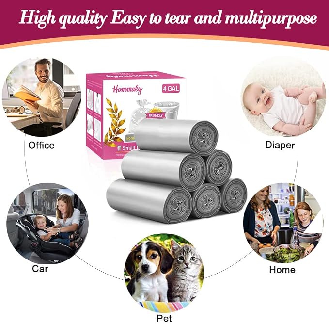 4 Gallon 180pcs Small Silver Grey Trash Bags Strong Garbage Bags, Bathroom Trash Can Bin Liners, Plastic Bags for Office, Waste Basket Liner, Fit 12-15 Liter, 3.5,4,4.5 Gal（Silver Grey 180）