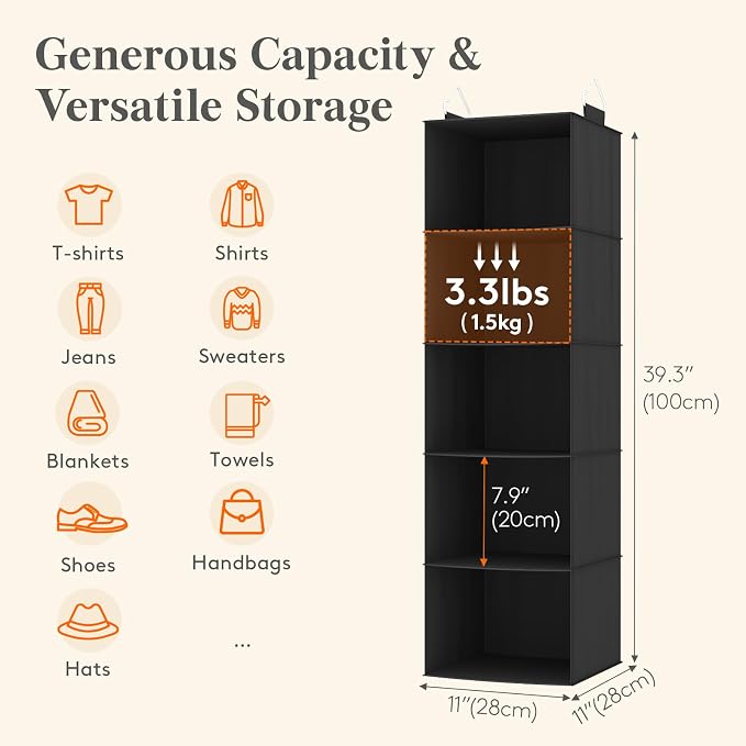 Lifewit 5 Tier Hanging Portable Closet Storage Organizer for Shelves, Black | Foldable Clothes Shelf with 2 Sturdy Hooks, Sweater/Coat/Shoes Clothing Organization for Wardrobe, Dorm, Bedroom