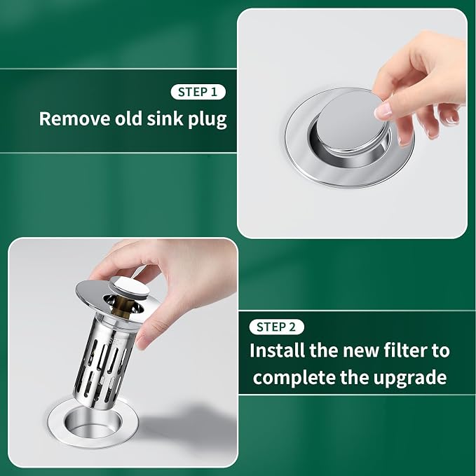 Vodolo 3 in 1 Sink Drain Strainer with Hair Catcher,8PCS Stainless Steel Popup Sink Stopper with Basket for Bathroom Kitchen Shower,Pop-up Bounce Core Floor Basin Drain Filter,Replacement Sink Plug