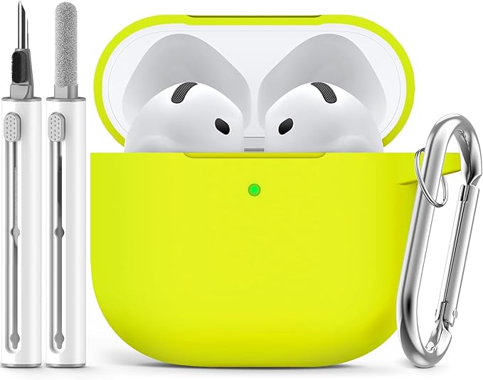 Ljusmicker for AirPods 4 Case 2024 with Cleaner Kit,Soft Silicone Protective Cover for Apple AirPods 4th Generation Cases for Women Men,for AirPod 4 Case Accessories with Keychain-Neon Green