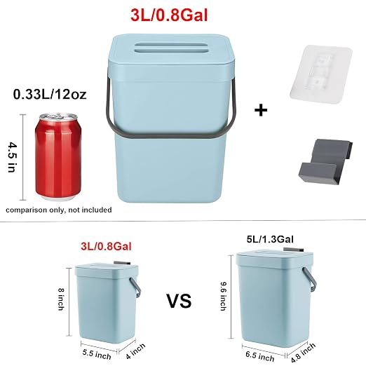 LALASTAR Compost Bin Kitchen, Small Compost Bin for Kitchen, Countertop Compost Bucket with Lid, Odorless Hanging Trash Can for RV/Office/Dog, Mini Food Waste Bin for Countertop, 3L/0.8 Gal, Blue