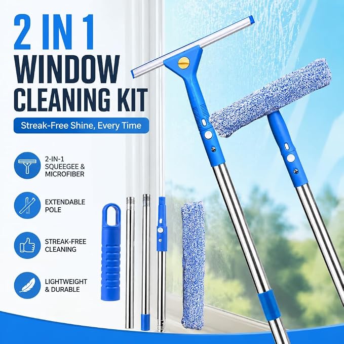 2-in-1 Window Cleaning Kit, Squeegee and Microfiber Cleaner with Adjustable 15.7–51.2 in Pole for Windows, Shower Glass, Mirrors and Car Windshields