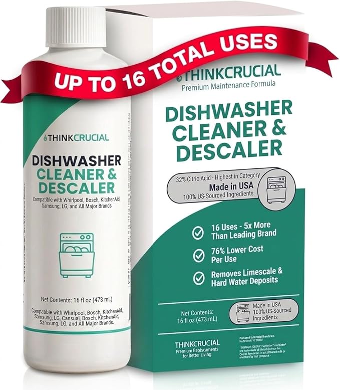 Think Crucial Dishwasher Cleaner & Descaler, 15 Uses, 75% Savings Per Use – 32% Citric Acid Liquid Concentrate – Whirlpool, Bosch, KitchenAid, Samsung, LG – 16 FL OZ