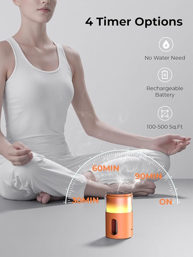 Waterless Essential Oil Diffuser: 𝟗-𝐂𝐨𝐥𝐨𝐫 𝐋𝐄𝐃 Orange | Portable Scent Diffuser - No Water No Heat For Pure Aroma - 48H Battery 3 Mist Levels & 4 Timers for Car Office