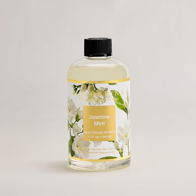 Reed Diffuser Refill Jasmine&Mint 17oz (500ml) with 8 Sticks - Premium Long-Lasting Scented Oil, Home Fragrance for Bedroom, Bathroom Home Decor