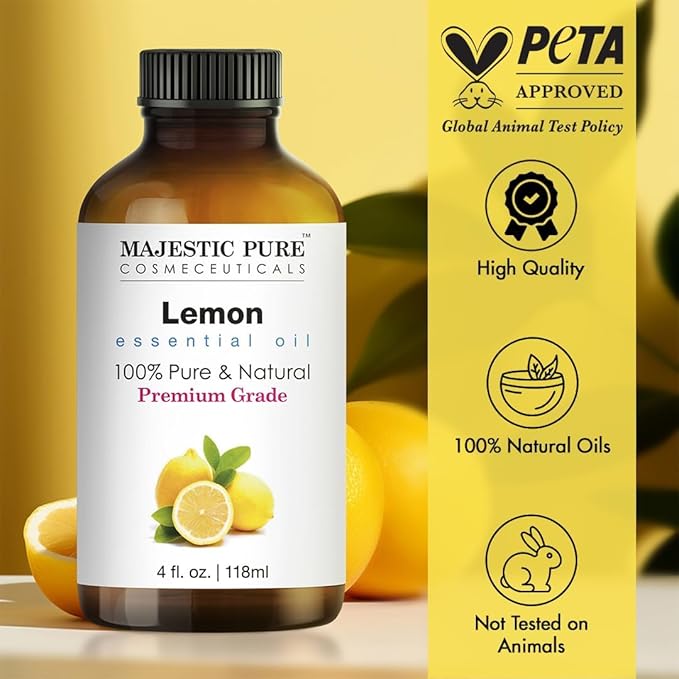 Majestic Pure Lemon Essential Oil for Diffuser - 4 Fl Oz | 100% Pure & Natural Ideal for diffuser use, aromatherapy, massage, soap making, candle making home fragrance