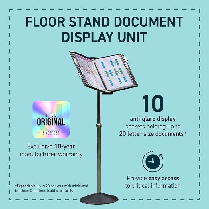 Tarifold Adjustable Floor Reference Display Stand, 10 Pockets, White | 10 double-sided pockets hold 20 letter-size sheets, adjustable floor stand, durable metal bracket, easy to assemble