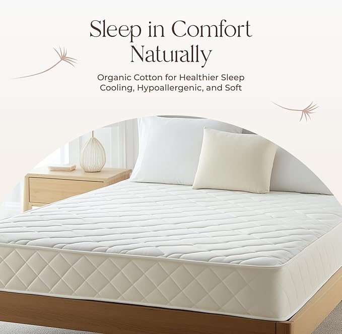 100% Cotton Organic Mattress Pad - Breathable & Cooling Mattress Protector Twin XL Size - Premium 300GSM Quilted and Noiseless Machine Washable Organic Cotton Mattress Protector (Ivory, Twin XL)