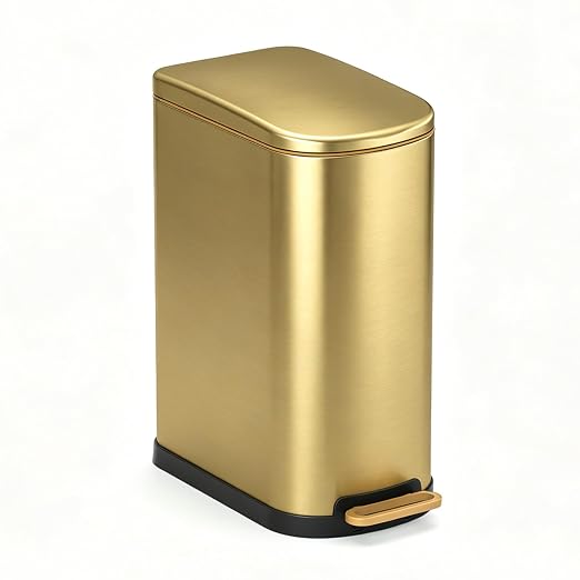SYNCVIBE Slim Bathroom Trash Can with Soft Close Lid Stainless Steel Garbage Can Step Trash Bin with Removable Inner Bucket for Bedroom, Office, Kitchen (Gold, 3.5 Gallons)