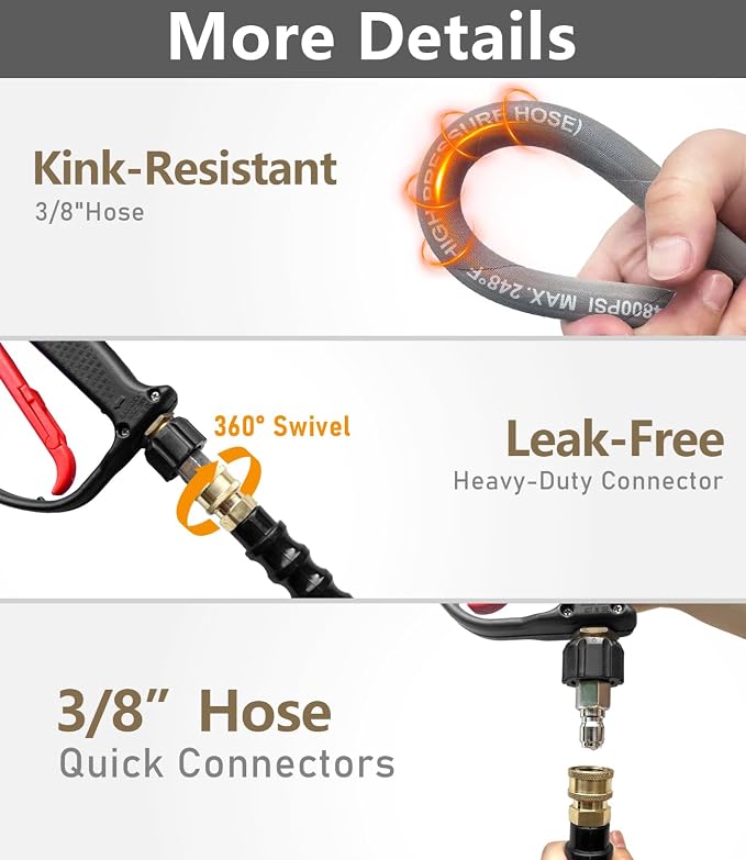 3/8" Pressure Washer Hose 100FT 4800 PSI, Kink Resistant Steel Braided Layer & NonMarking Rubber for Hot/Cold Water, High Power Washer Hose With 3/8 Inch Quick Connect & M22 Fitting, Gray