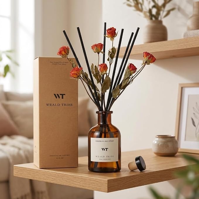 Reed Diffuser Set for Bathroom Air Fresheners, Oil Diffuser Sticks | Sandalwood Rose Scent 4.0 fl oz Home Fragrance with Sticks Defusers | House Bedroom Office Shelf Decor