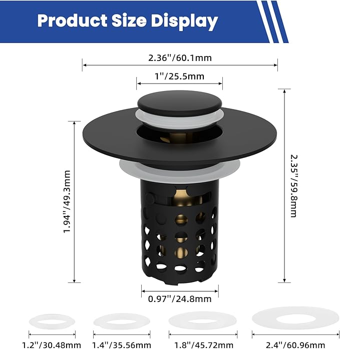 Universal Bathroom Sink Drain Strainer Hair Catcher, Matte Black | Upgraded with Removable Stainless Steel Filter Basket, 3 in 1 Pop Up Sink Stopper for 1.1''~2.36'' Sink Basin Hole
