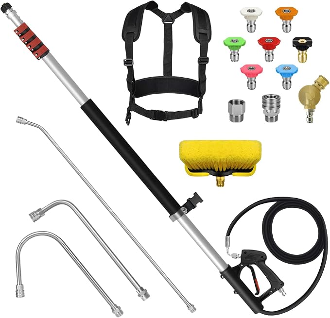 LidoDola 24FT Telescoping Pressure Washer Wand, Power Washer Accessory | Effortlessly Cleans Farther,Lightweight aluminum extension pole, Includes 3 Extension Wands, Brush, 7 Nozzles & Harness