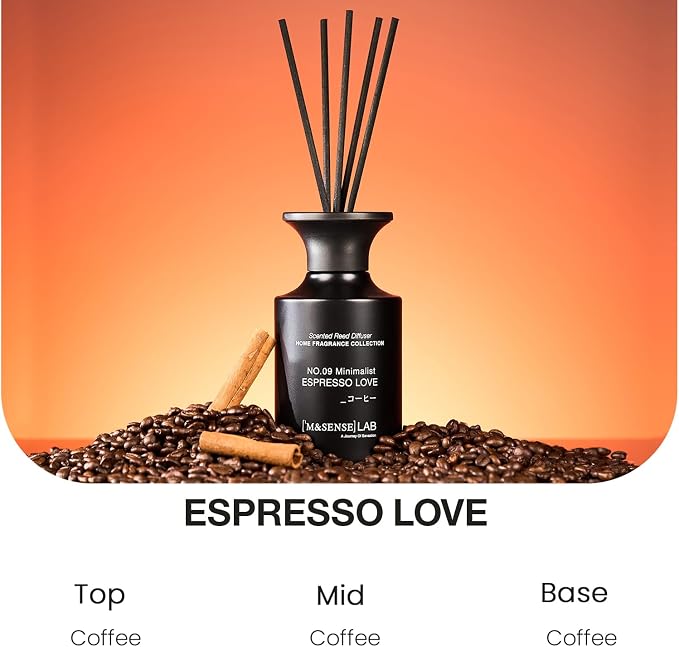 M&SENSE Minimalist Large Reed Diffuser 300ml, Espresso Love Scented with Natural Essential Oils, Long Lasting with 7 Sticks, Non-Toxic Home Fragrance for Bedroom, Bathroom Decor