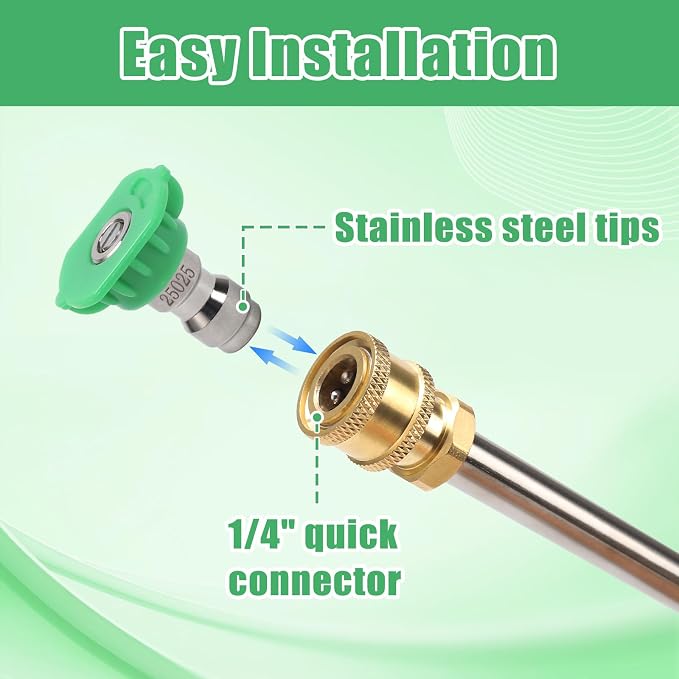 Pressure Washer Tips, 7 Pack Power Washer Nozzle Tips, 25 Degree Green, 1/4 Inch Quick Connect, 4000 PSI