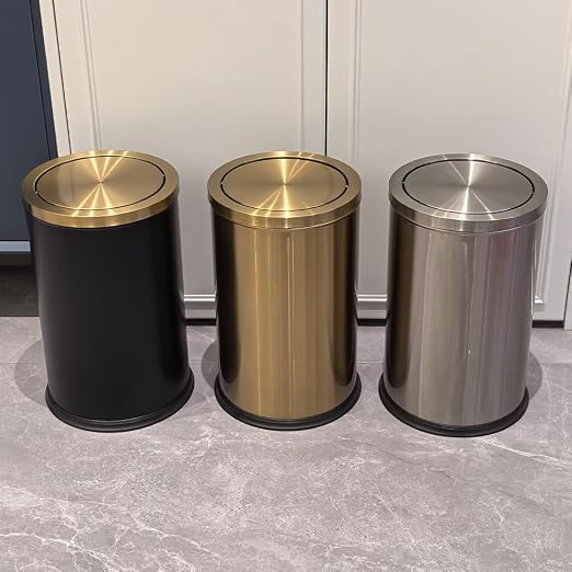 Black and Gold Bathroom Trash Can,Bathroom Garbage can with Swing Lid，Small Trash Can with Flipping Lid, 4.8gal Garbage cans for Bedroom,Living Room, Guest Room,Office,Hotel(4.7gal-Black)
