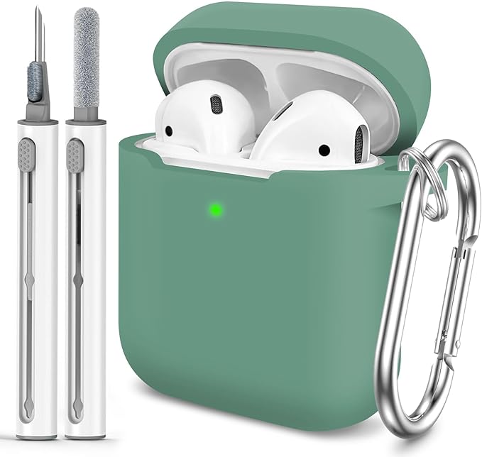 for AirPods 1/2 Case Cover,Come with Cleaner Kit,Soft Skin Silicone Case Cover with Keychain,Full Protective Case for Men and Women,Compatible with AirPods 2nd Generation Case,Pine Green