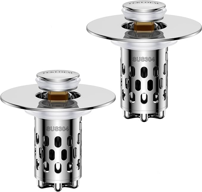 Bathroom Sink Drain Strainer,All Metal Pop-Up Sink Stopper with Removable Stainless Steel Filter Basket, Universal Bathroom Hair Catcher Fit for 1.1-2.36'' Drain (Silver, 2 Pack)
