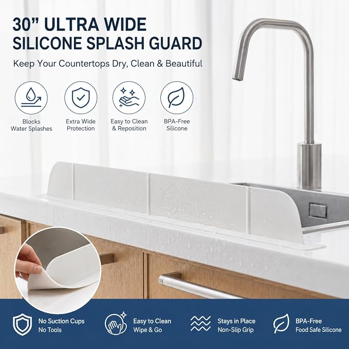 30 inch(75cm) Premium Kitchen Sink Silicone Water Splash Guard Size Upgrade 30" and new Package - NO Suction Cups, Ultra Wide 30" - Made in Korea (Ultra Wide Eco White)