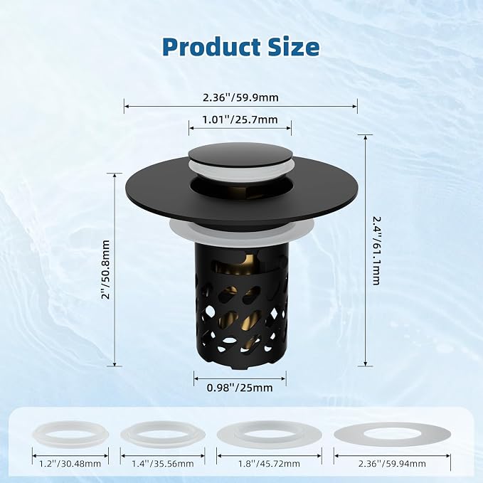 iFealClear All Metal Bathroom Sink Stopper, Pop Up Sink Drain Strainer with Removable Stainless Steel Filter Basket, Universal for 1.1"-2.36" US Sink, Brass Bounce Core, Hair Catcher, Matte Black