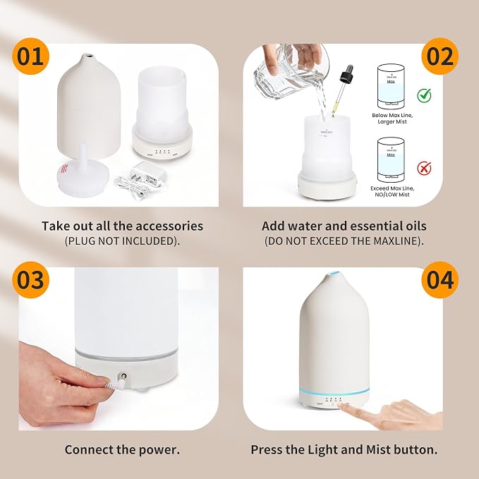 URPOWER 180mL Ceramic Essential Oil Diffuser Aromatherapy Diffuser for Home | Enjoy Relaxing Aromatherapy with Ultrasonic Mist, Auto-off Protection and 7-Color LED Lighting Every Day