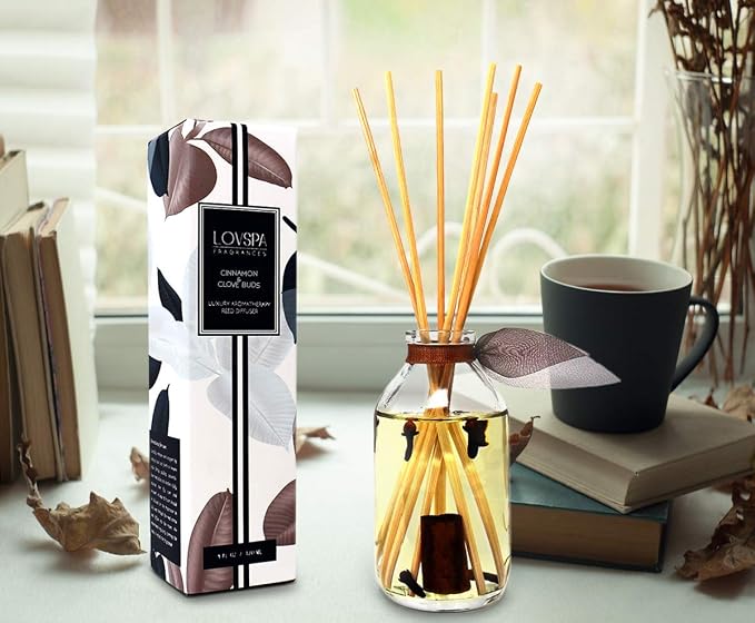 Reed Diffuser Set - Cinnamon & Clove Buds Scented Diffuser with Sticks | Autumn Fall Home Fragrance Reed Diffuser for Bedroom, Bathroom Shelf Décor, Real Spices in the Bottle - Made in the USA