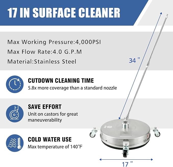 JANZ 17'' Pressure Washer Surface Cleaner | 4 Wheels, Stainless Steel Housing, 1/4'' Quick Plug, 2 Extension Wands, 2 Replacement Nozzles and 3 Spray Nozzles,4000 PSI