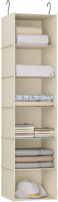 Hanging Closet Organizer 6-Shelf, Oxford Fabric Wardrobe Storage, Beige | Easy-mount foldable design holds clothes, handbags, shoes & accessories; washable Oxford fabric, sturdy and space-saving.