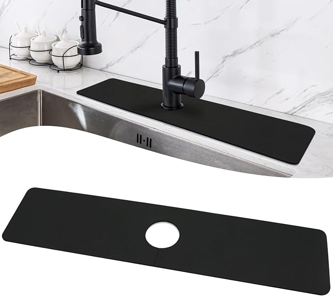 LOPNUR Faucet Mat for Kitchen Sink Cuttable, 24 Inch Long Sink Splash Guard Behind Faucet, Super Absorbent Diatomite Sink Protector Mat, Bathroom Water Splash Guard Fast Dry, Easy to Cut, Black