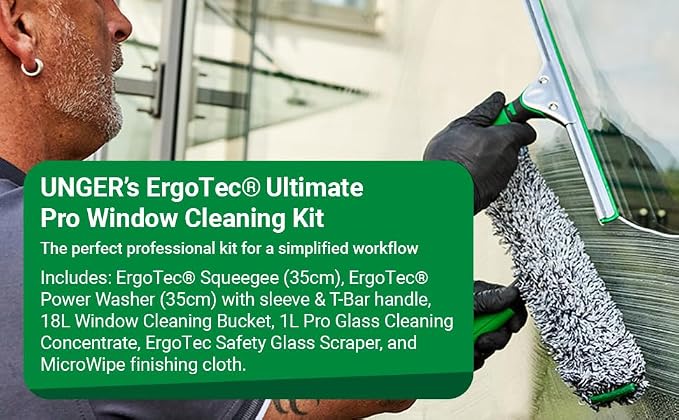 UNGER Window Cleaning Kit 6-Piece: Squeegee, Bucket, Cleaner, WNK15 | WNK15; includes 14-in. ErgoTec squeegee, 3-gallon bucket, 1L glass cleaner, safety scraper & cloth