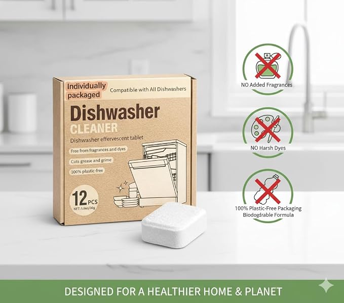 Dishwasher Cleaner Tablets | Eliminates Limescale, Grease & Odors | Septic Safe, Fragrance-Free, Plastic-Free | Deep Clean & Maintain All Dishwashers