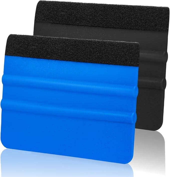 Squeegee for Vinyl, 4 Inch, Black and Dark Blue, 2 Pcs | Extra 2 Felt Replacements, Non Slip Plastic 4 Inch Squeegee, Scratch Free Bubble Elimination, Tool for Car Wrap Window Tint