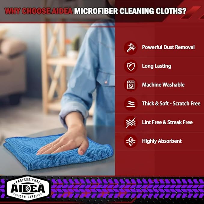 AIDEA Microfiber Cleaning Cloth, 200PK, Microfiber Towels for Cars, Shop Towels Cleaning Rags, Premium Wash Cloths, Absorbent Towel for SUVs, House, Kitchen, Window, Cleaning Supplies 12×12"