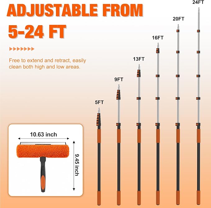 30FT Window Squeegee with Extension Pole, 2-in-1 Squeegee for Window Cleaning, Professional Cleaning Kit for Home with 24FT Telescoping Pole for Outdoor Indoor Use